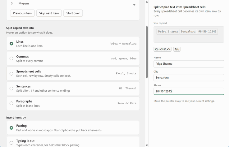 The app window: hovering each setting plays a preview of what it does